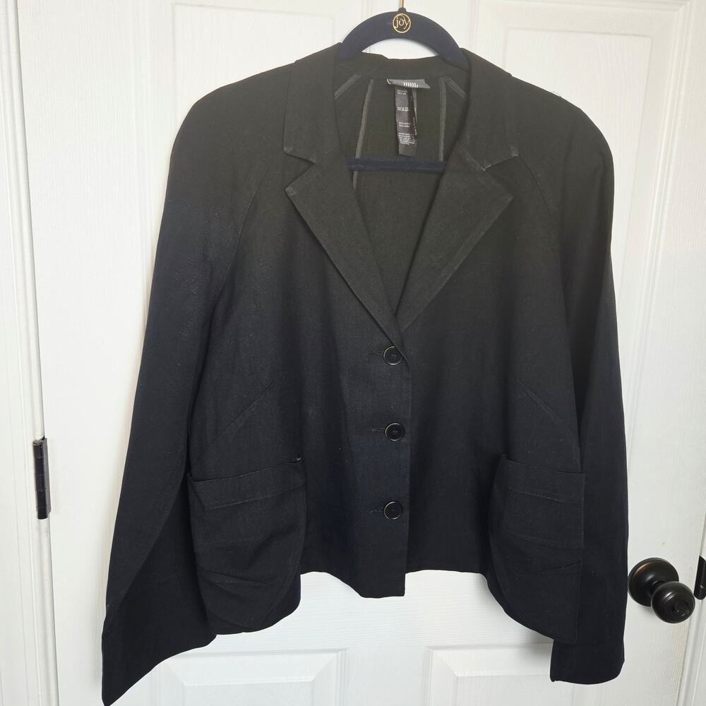 Lilith Blazer L Black Linen Blend 3 Button Pocket Tailored Jacket Cropped Boxy